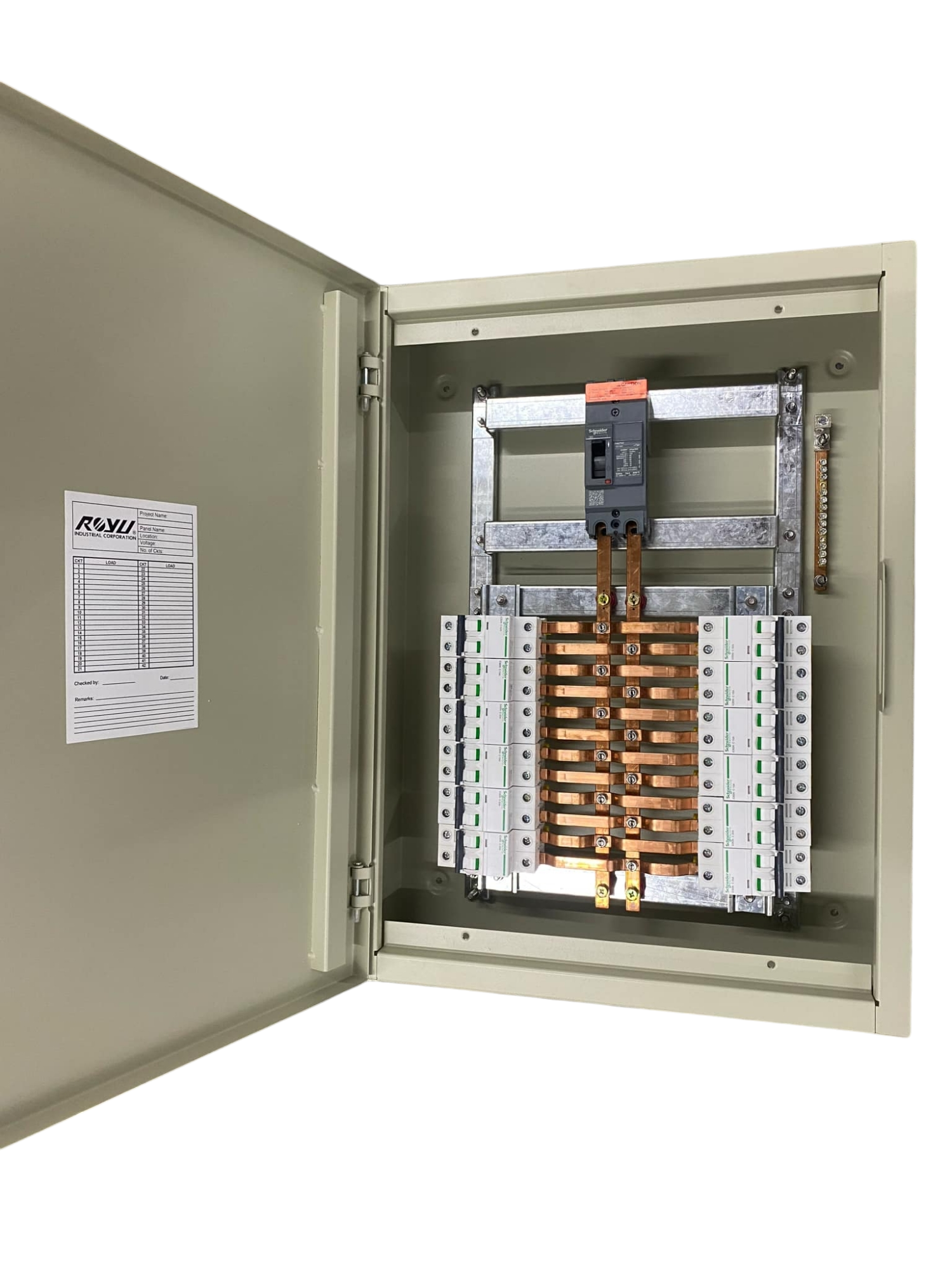 Schneider Panel Board EZC100 Main 2Pole 75A electrical circuit panel with open metal enclosure