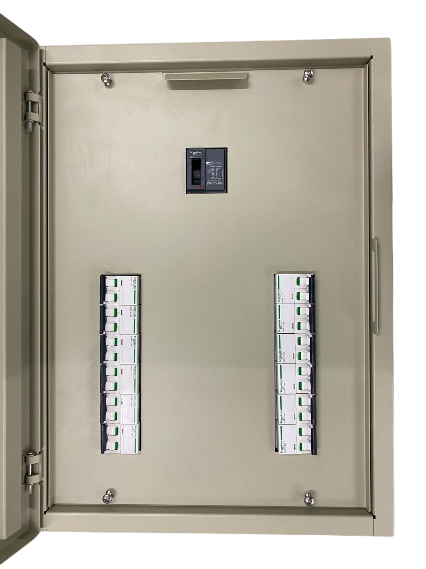 Panel Board EZC100 Main 2Pole electrical circuit breaker panel with multiple switches inside beige metal enclosure