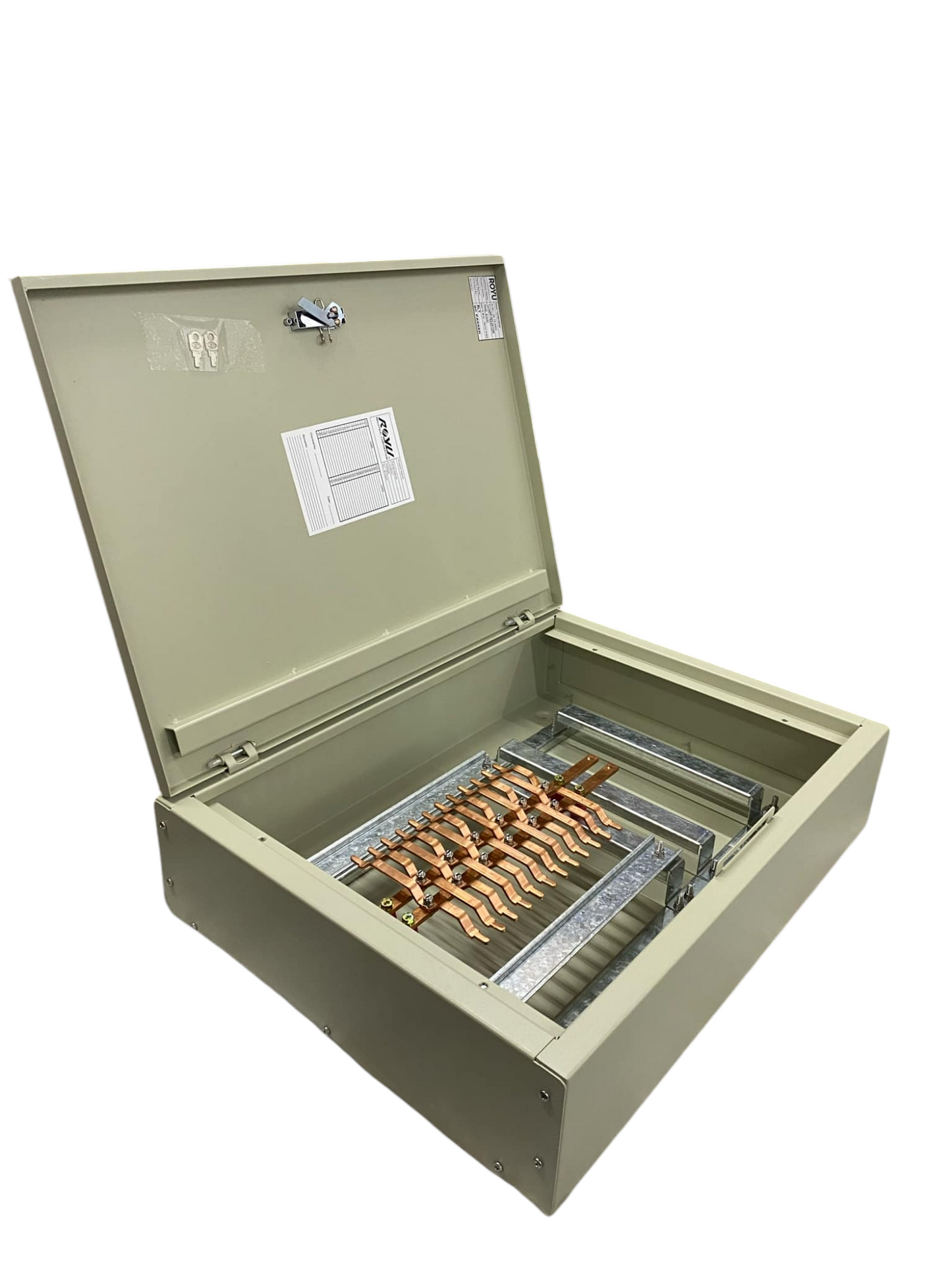 Schneider Panel Board EZC100 Main 2Pole electrical circuitry part with copper connections inside beige metal enclosure