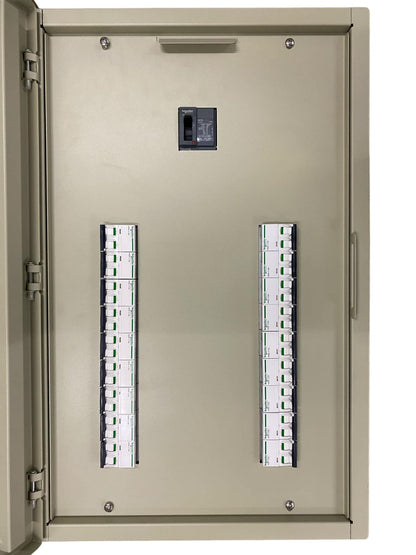 Schneider electrical panel board EZC100H 80A 2 Pole Main with circuit breakers inside metal enclosure