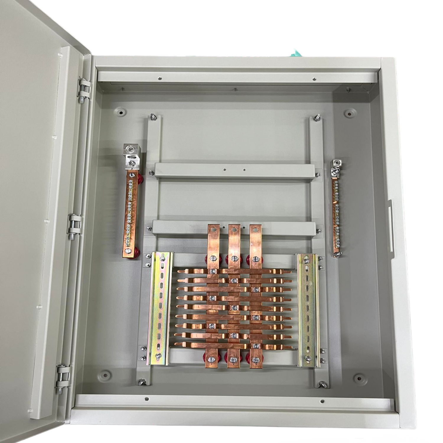 Schneider Panel Board for EZC250 Main 3 Pole electrical circuitry component with copper bus bars inside gray metal enclosure
