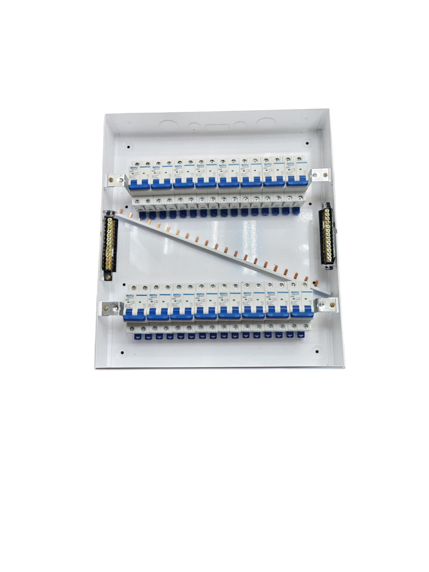 Panel Box with 15 Bus Bar 2 Pole Royu Breakers featuring multiple circuit breakers and bus bars in a white metal enclosure