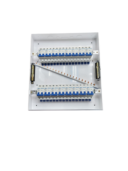 Panel Box with 15 Bus Bar 2 Pole Royu Breakers featuring multiple circuit breakers and bus bars in a white metal casing