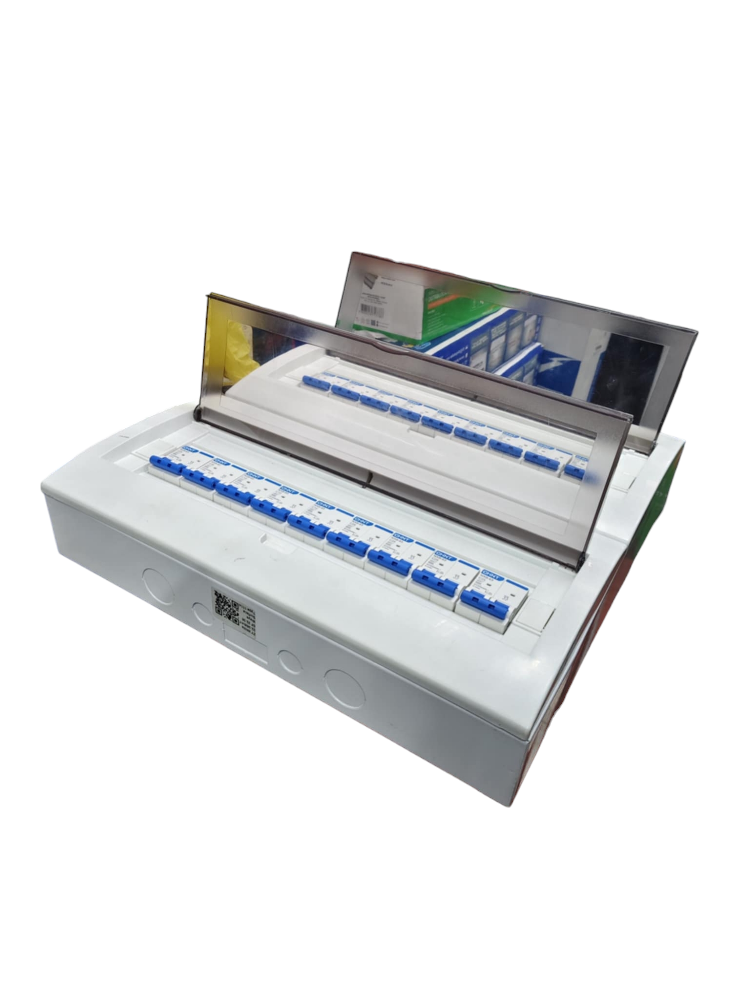 Chint 63A panel board with 17 circuit breakers. White plastic enclosure with hinged clear cover and blue breakers