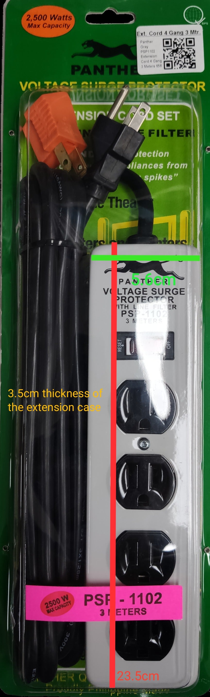 Panther 4 gang extension cord with surge protector black power strip with three outlets and long cord