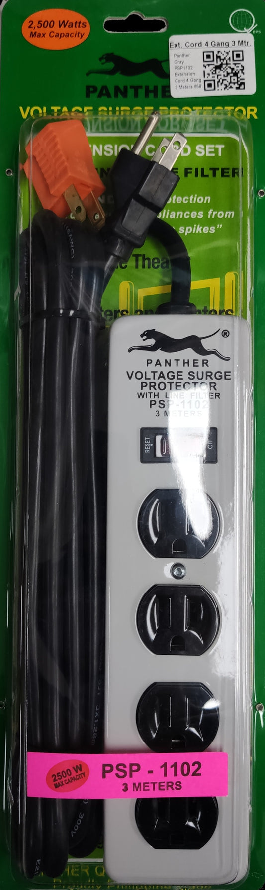 Panther 4 gang extension cord with surge protector and 3 meter power strip in white