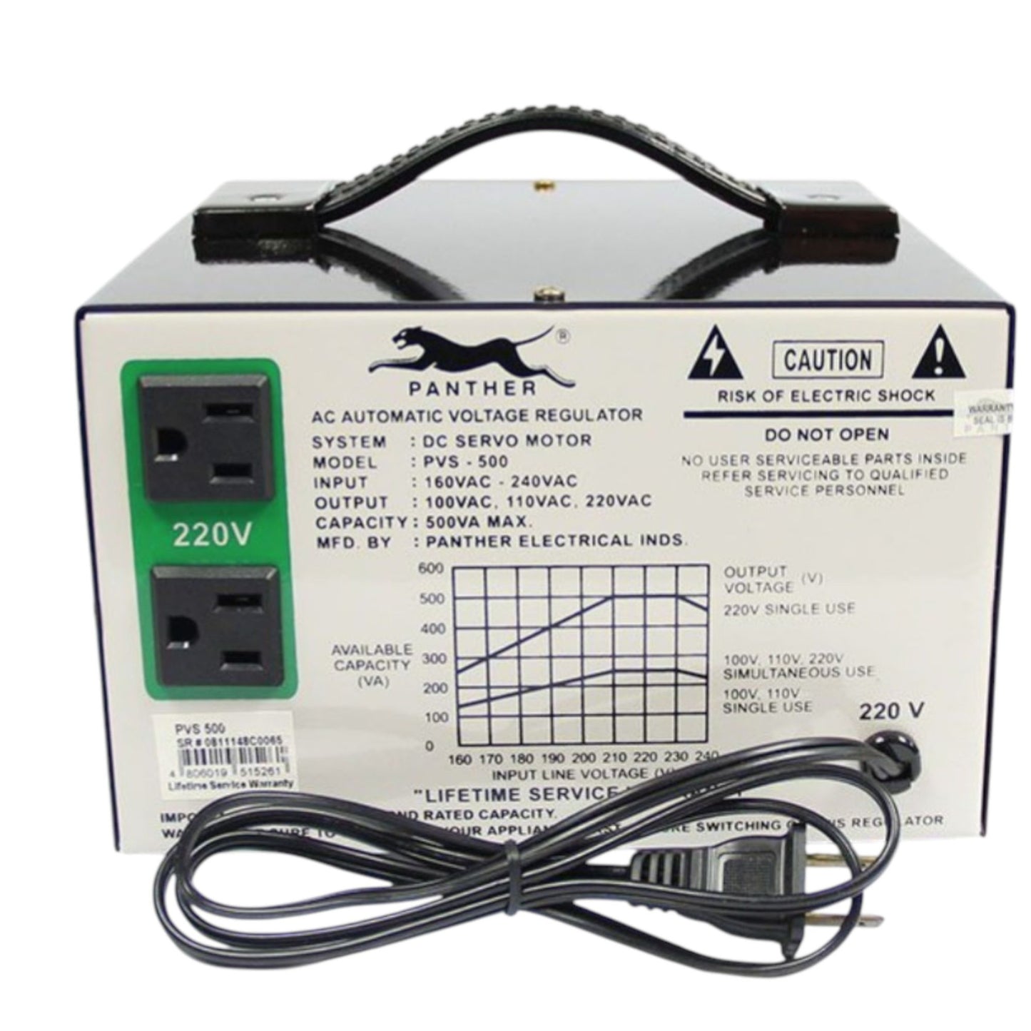 Panther 500W Servo Motor AVR Automatic voltage regulator with dual outlets and carrying handle