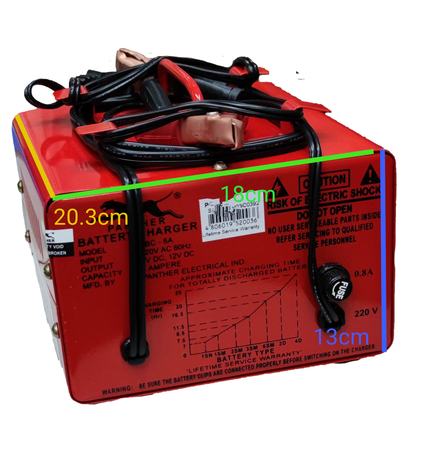 Panther Battery Charger 12A red portable battery charger with cables and safety warning labels