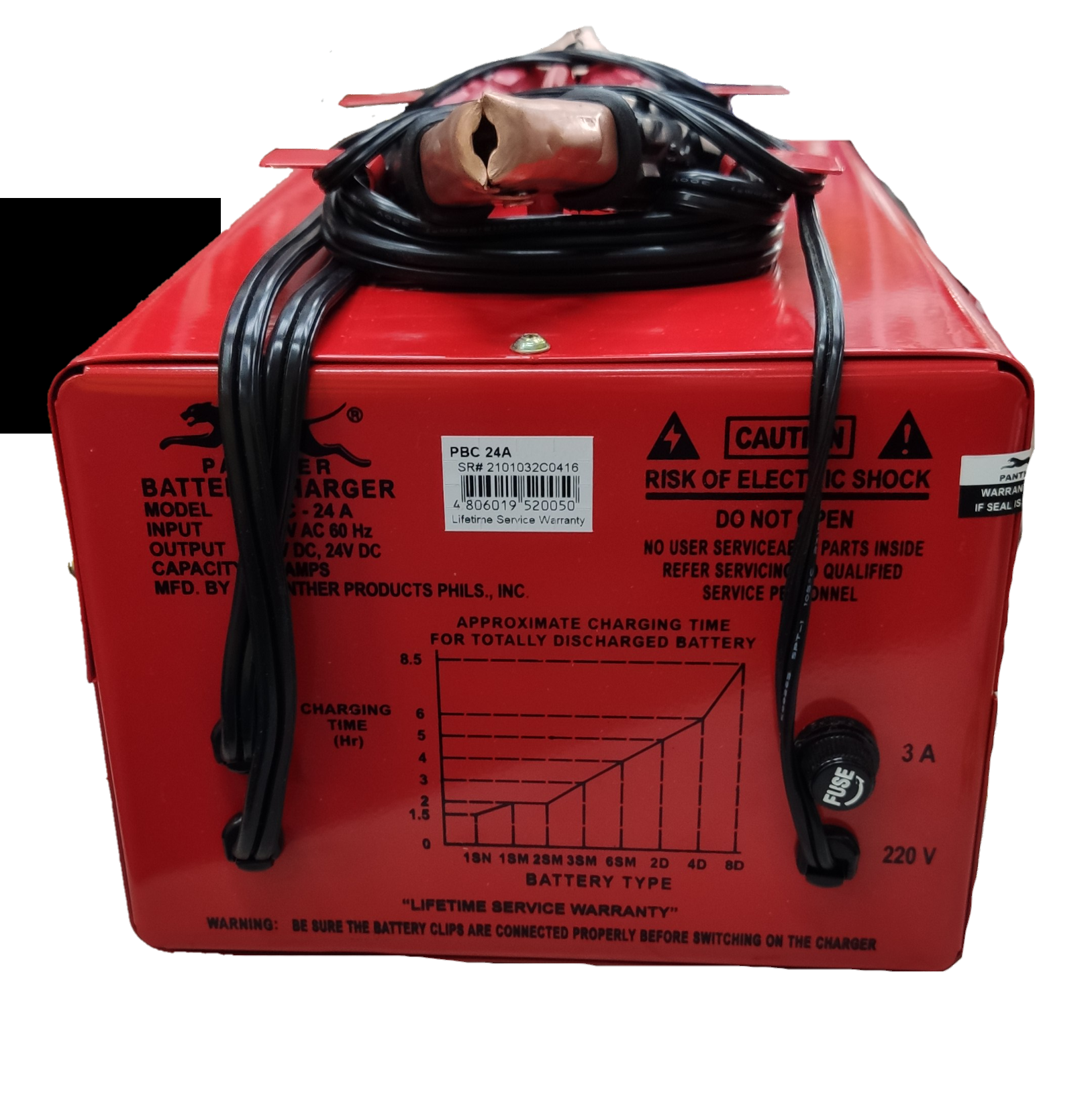 Panther Battery Charger 24A 12V red portable starter with power cables and charging chart