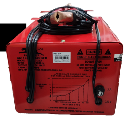 Panther Battery Charger 24A 12V red portable starter with power cables and charging chart