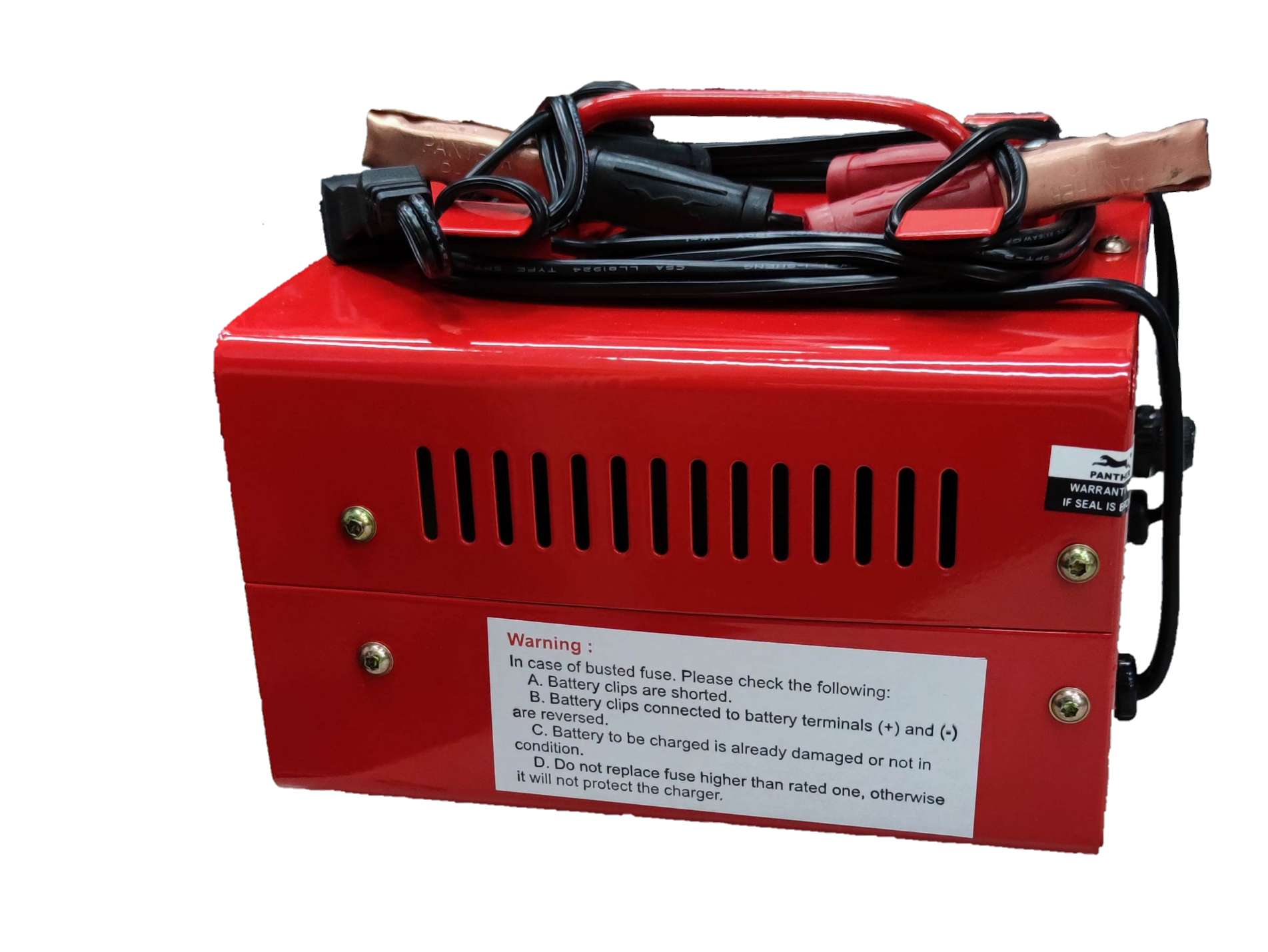 Panther Battery Charger 24A 12V red metal casing with attached cables and warning label