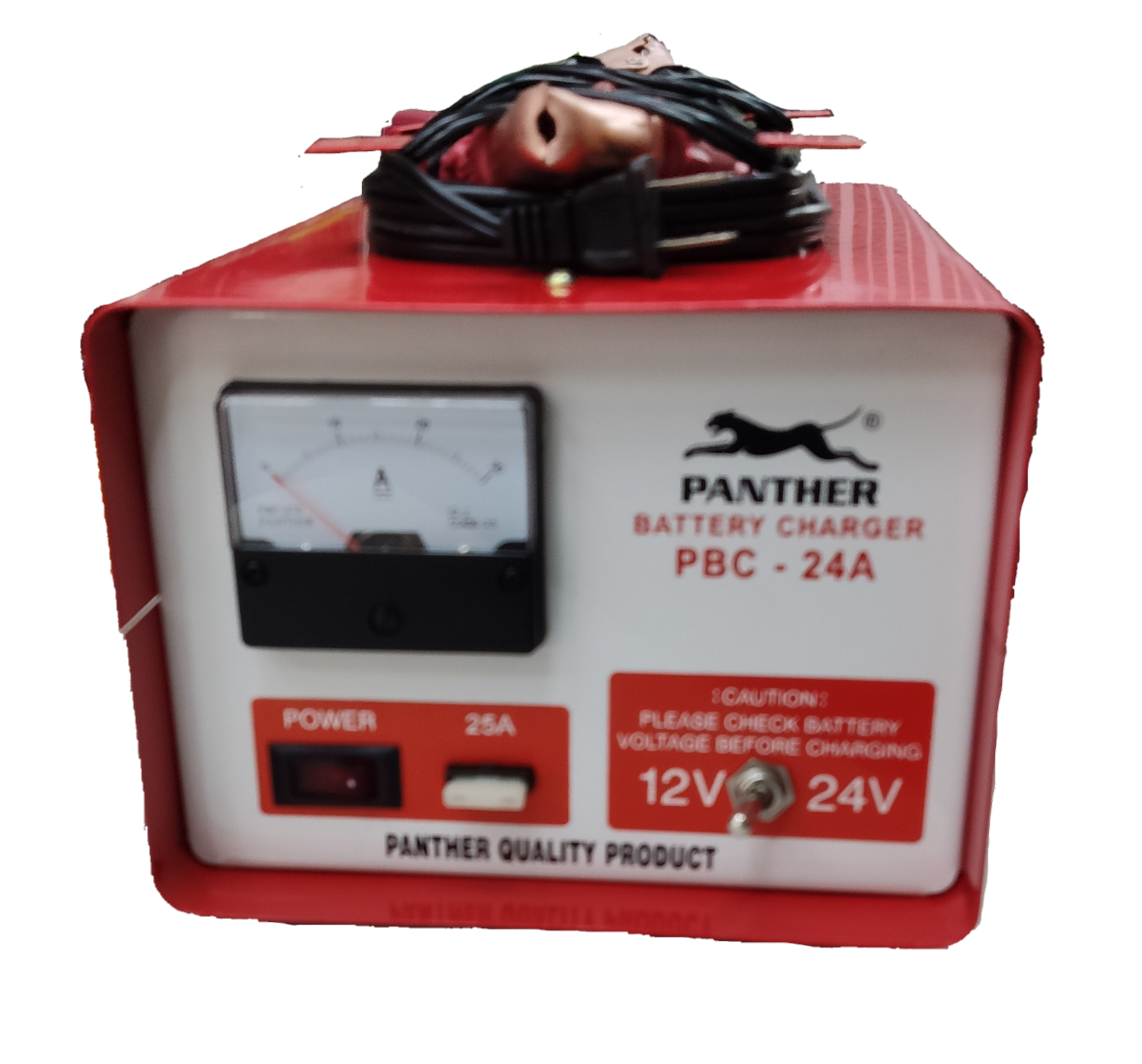 Panther Battery Charger 24A 12V red and white with analog ammeter and power switch