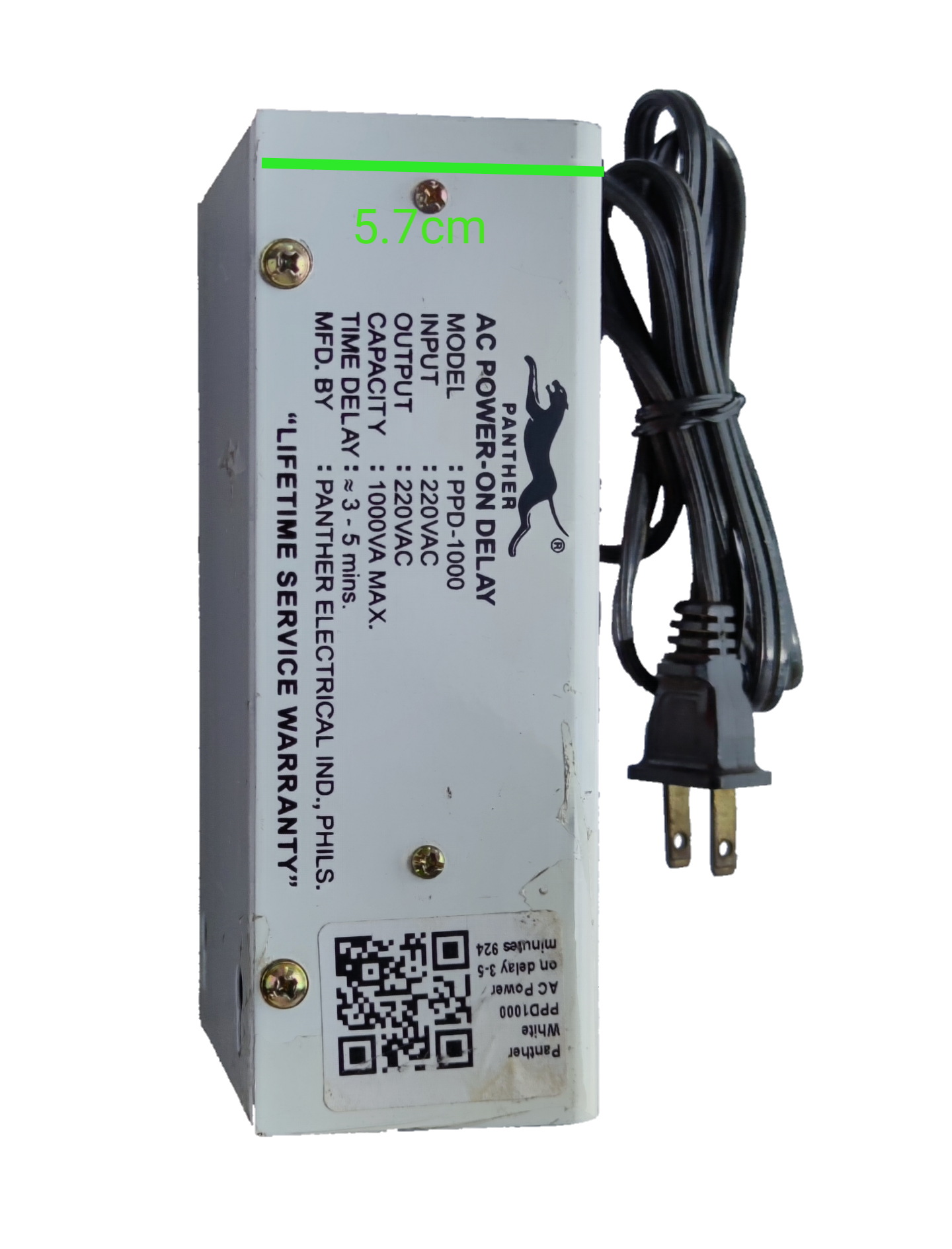 Panther power on delay device with AC input output and power cord for electrical circuitry