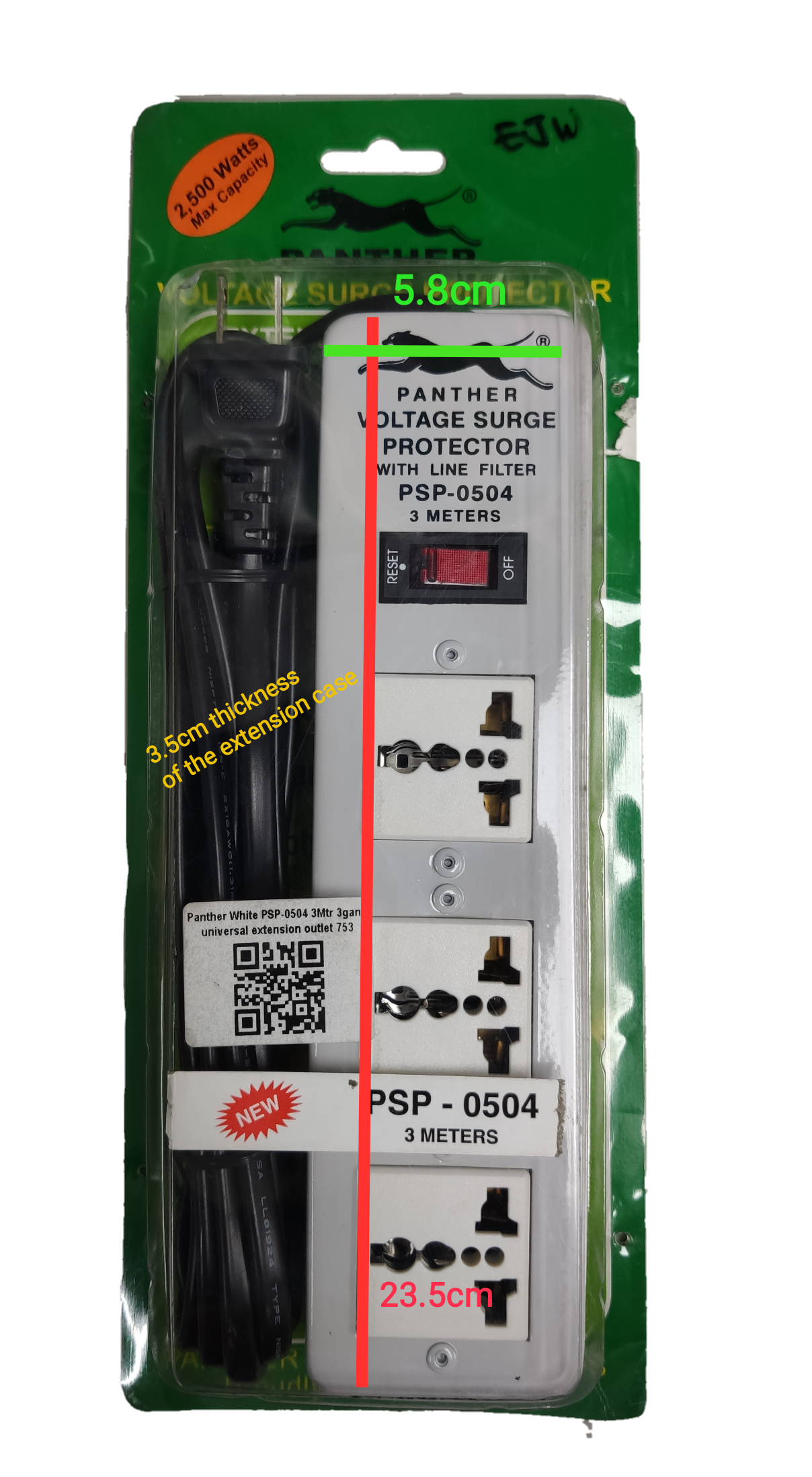 Panther universal extension cord with surge protector and three outlets with 3 meter cord