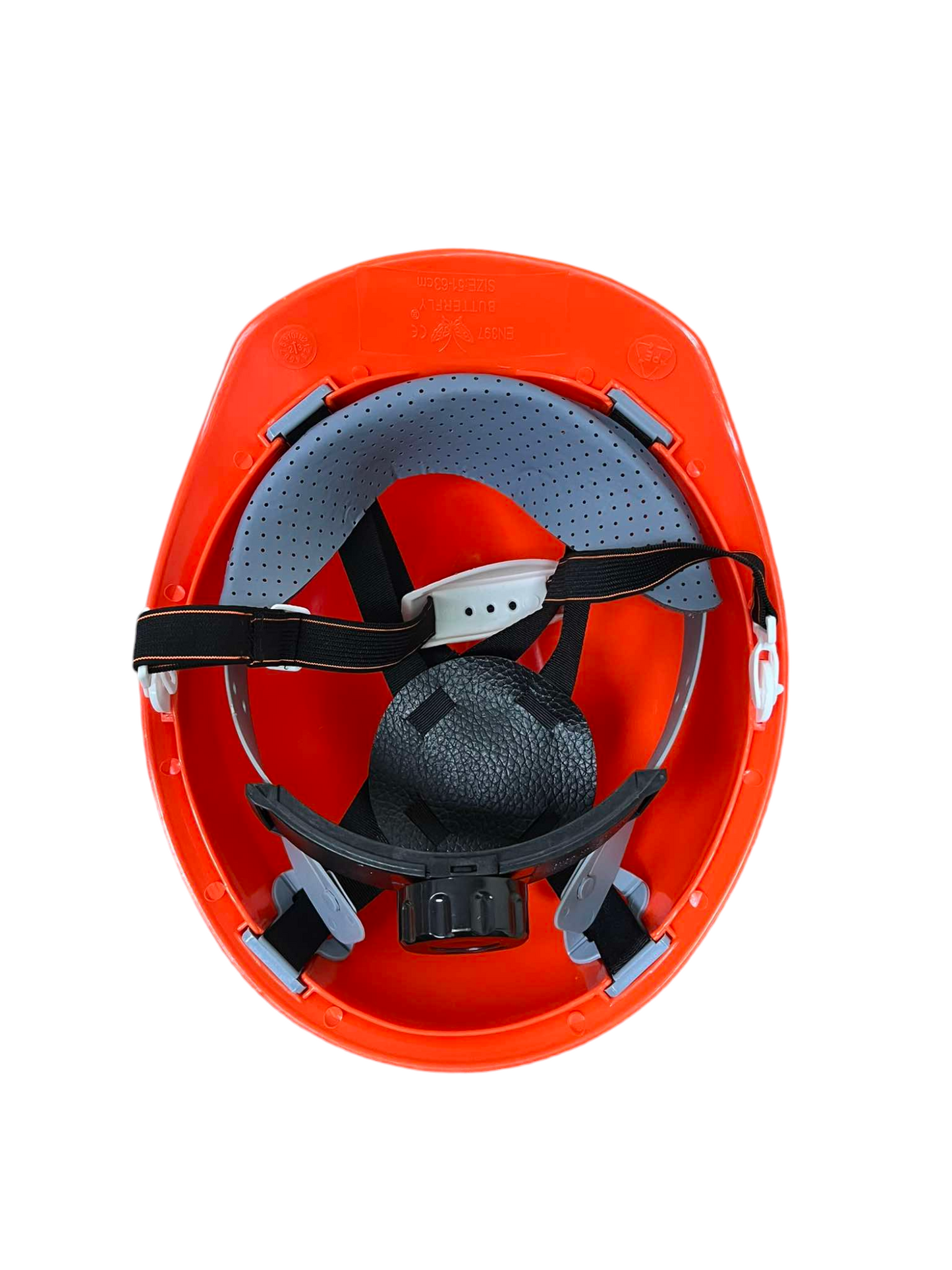 Interior view of a PE industrial hard hat yellow with adjustable suspension for comfort and safety