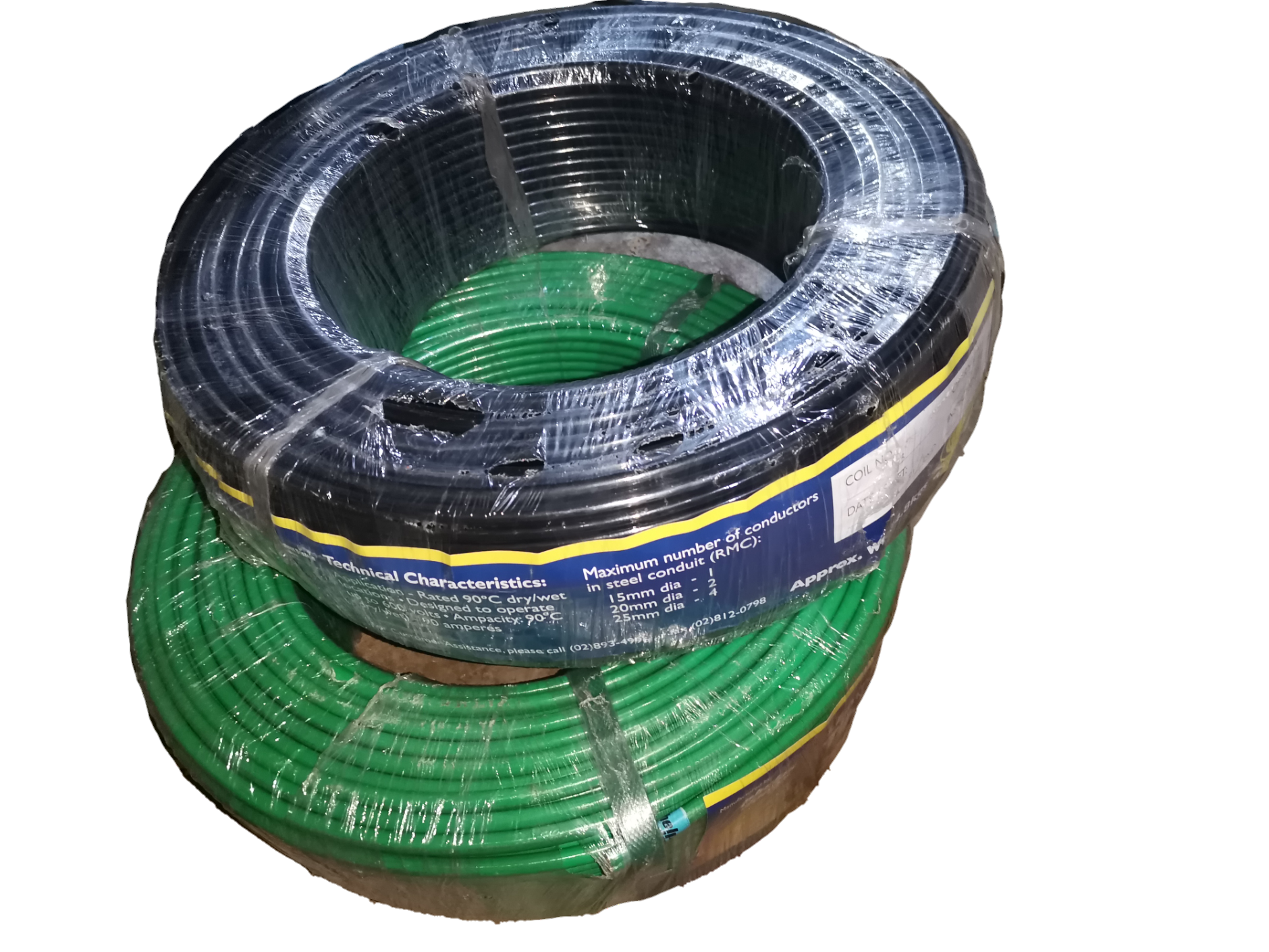 Phelps Dodge THHN Stranded Wire AWG 6 - White and green wires coiled on a spool for electrical applications