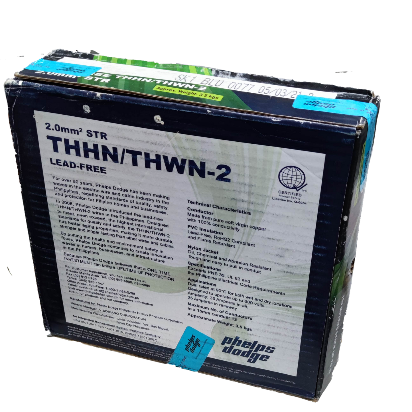 Phelps Dodge 2.0mm THHN AWG 14 lead-free electrical wire in a sealed black and white box