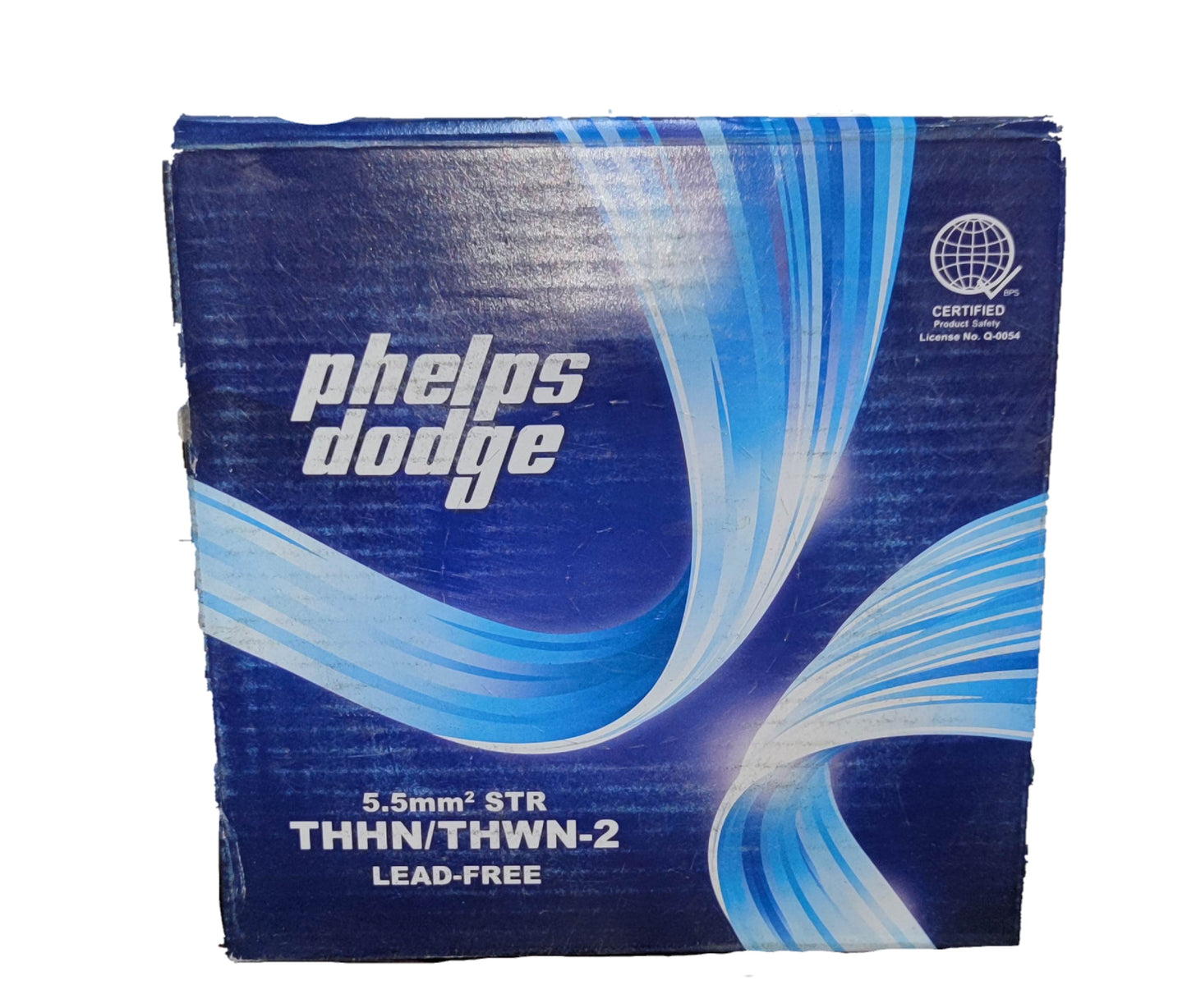Phelps Dodge 5.5mm THHN AWG 10 wire box with blue and white design on packaging