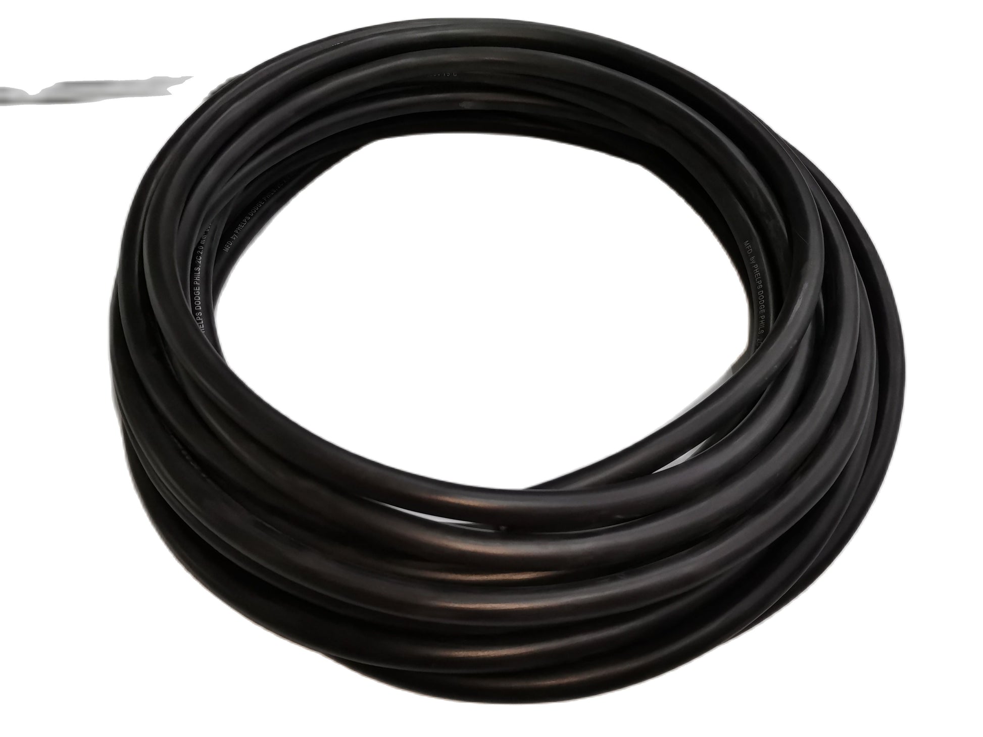 Coiled black Phelps Dodge perma cord wire durable insulated electrical wire
