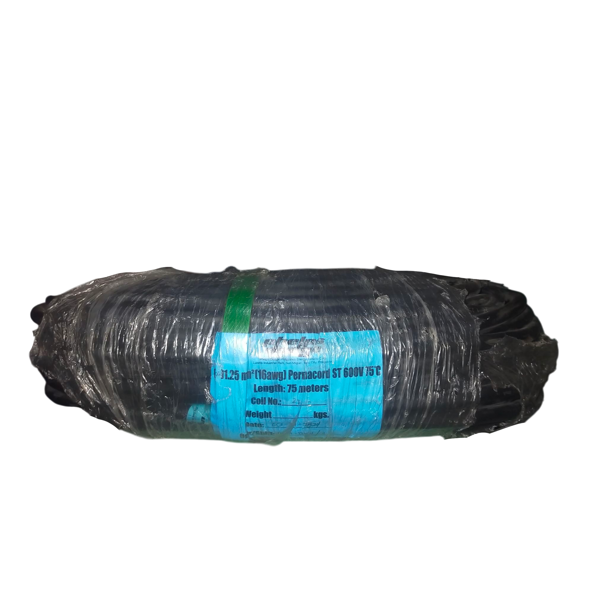 Coiled Phelps Dodge perma cord wire wrapped in plastic with a green securing strap