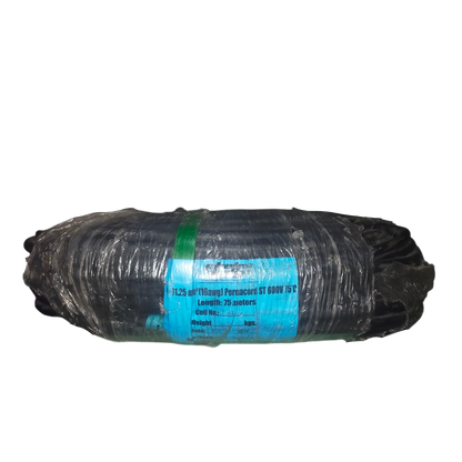 Coiled Phelps Dodge perma cord wire wrapped in plastic with a green securing strap