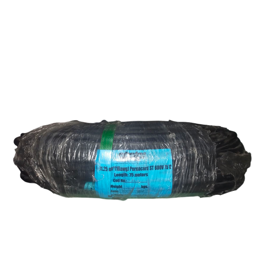 Coiled Phelps Dodge perma cord wire wrapped in plastic with a green securing strap