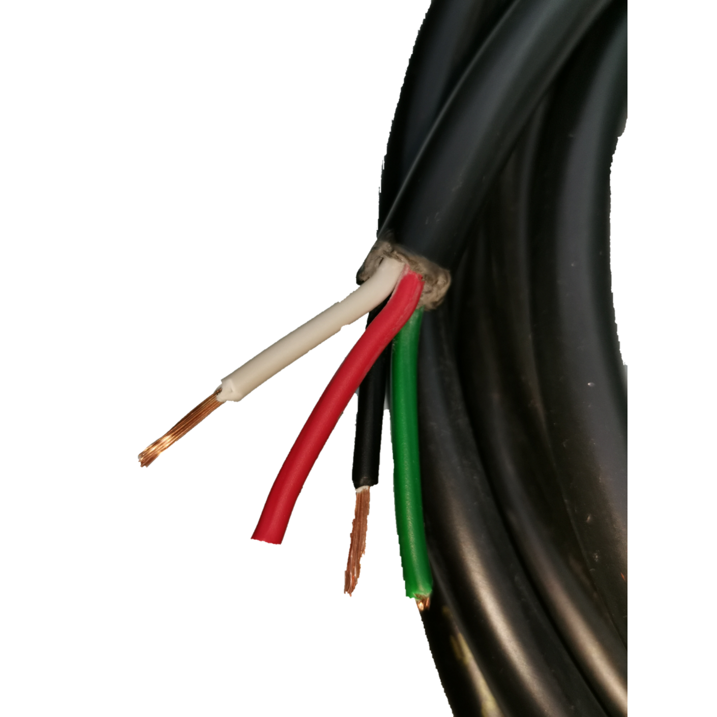 Phelps Dodge Royal Cord 8.0mm 4C with black outer insulation and exposed red, white, green, and black wires