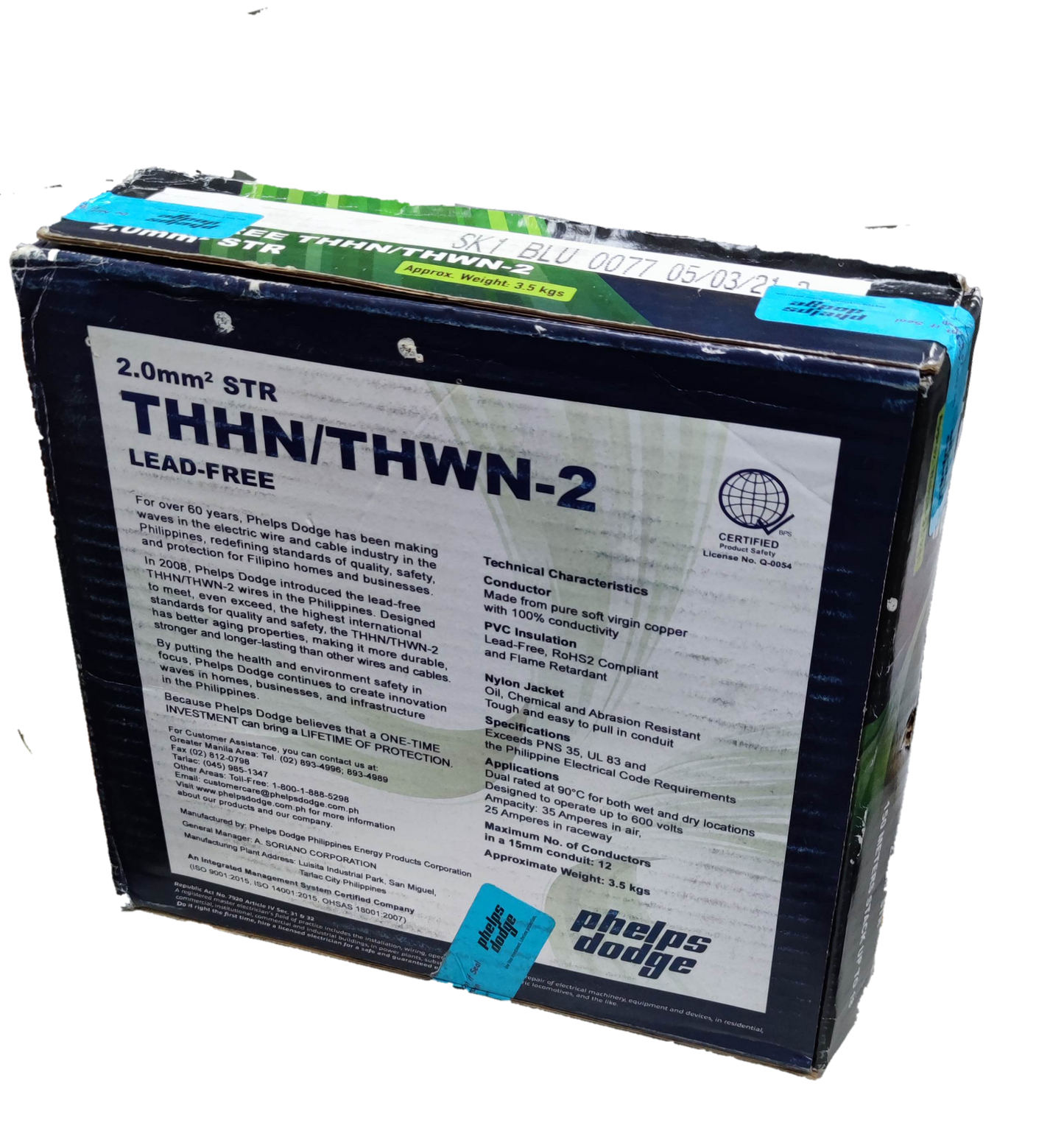 Phelps Dodge box of THWN AWG 14 Stranded Yellow electrical wire with detailed technical specifications