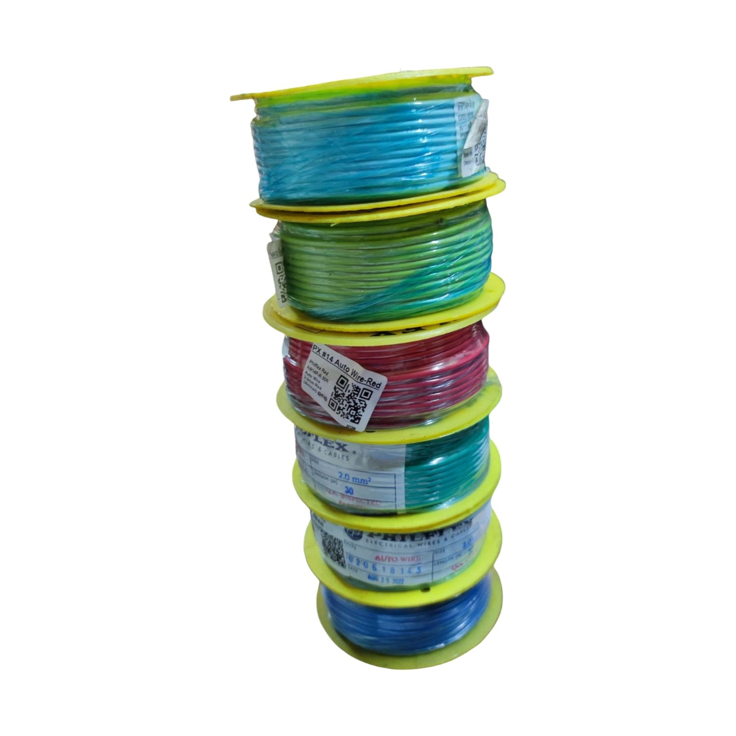 Philflex Automotive wire AWG 14 Green 30 Meters in a stacked spool display with assorted colors