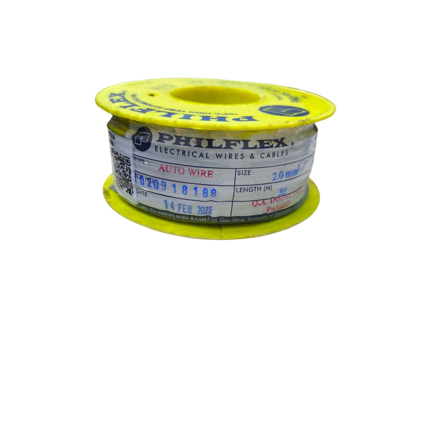 Philflex AWG 14 automotive wire on a yellow spool labeled for easy identification
