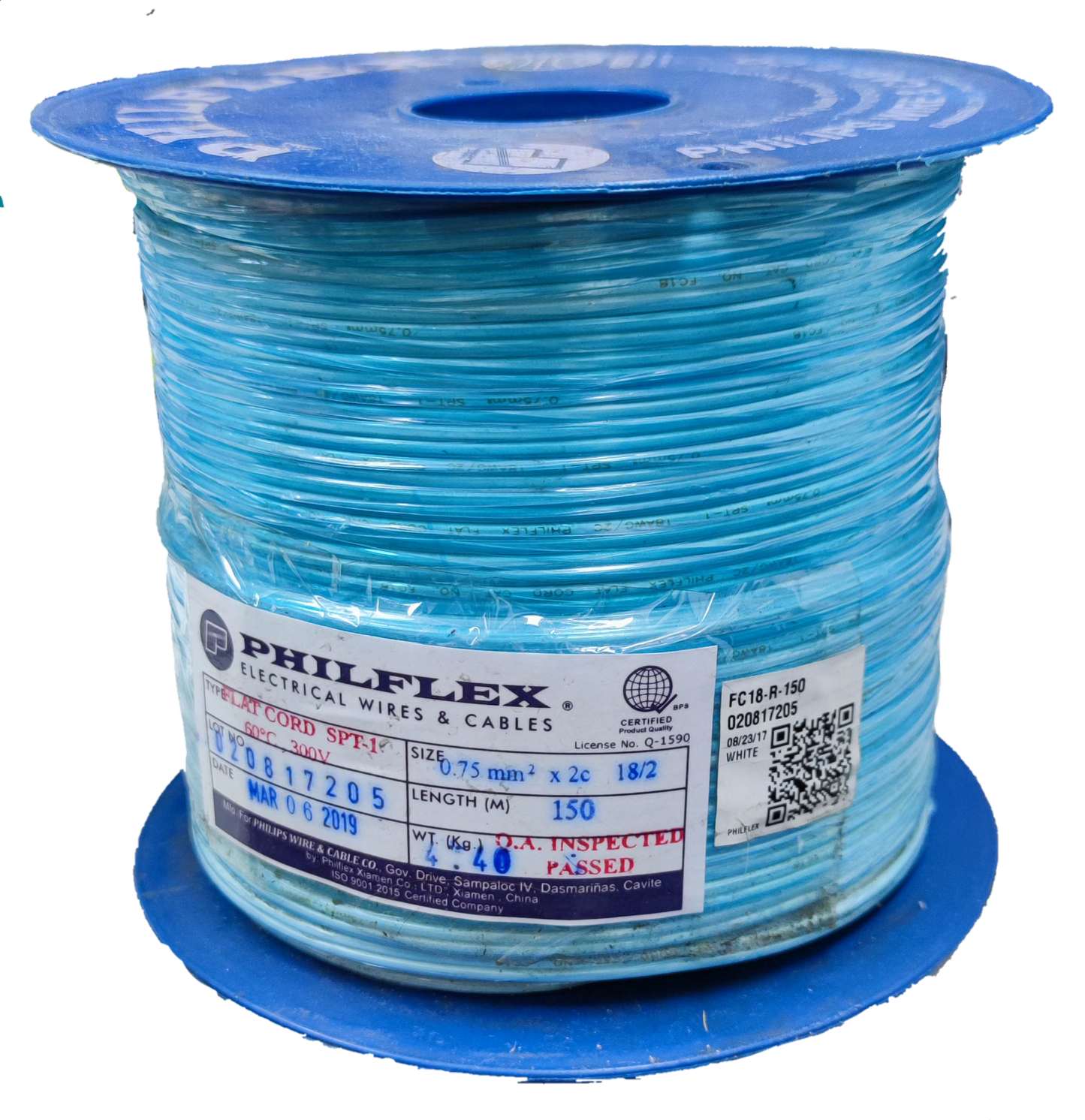Philflex Flat Cord 2 Core AWG 18 on a spool, ideal for electrical wiring projects and connections