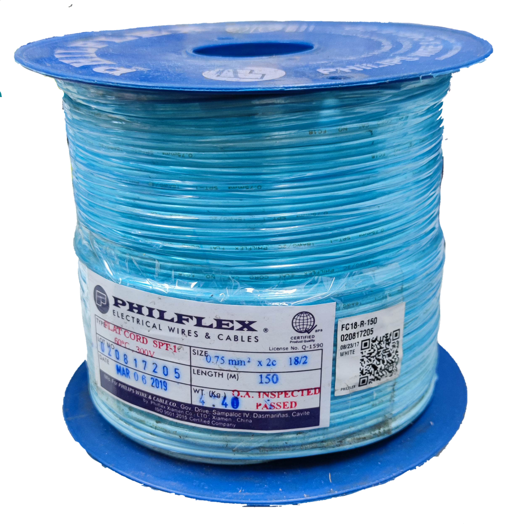 Philflex Flat Cord 2 Core AWG 18 on a spool, ideal for electrical wiring projects and connections
