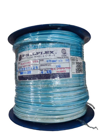 Philflex Flat Cord 2 Core AWG 18 on a blue spool, perfect for electrical wiring projects