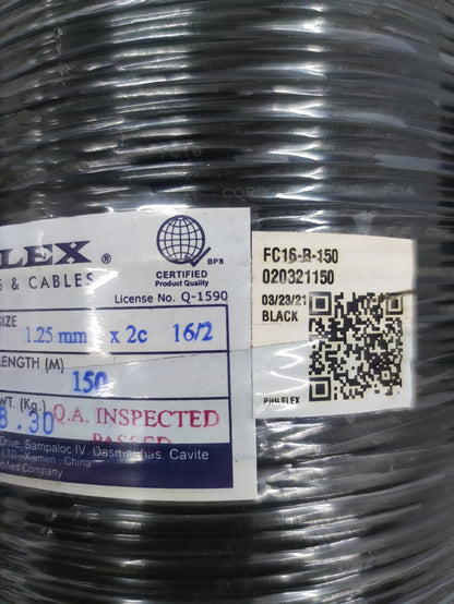 Philflex spool of black Flat Cord AWG 16 2 Core on reel with product label showing length and code