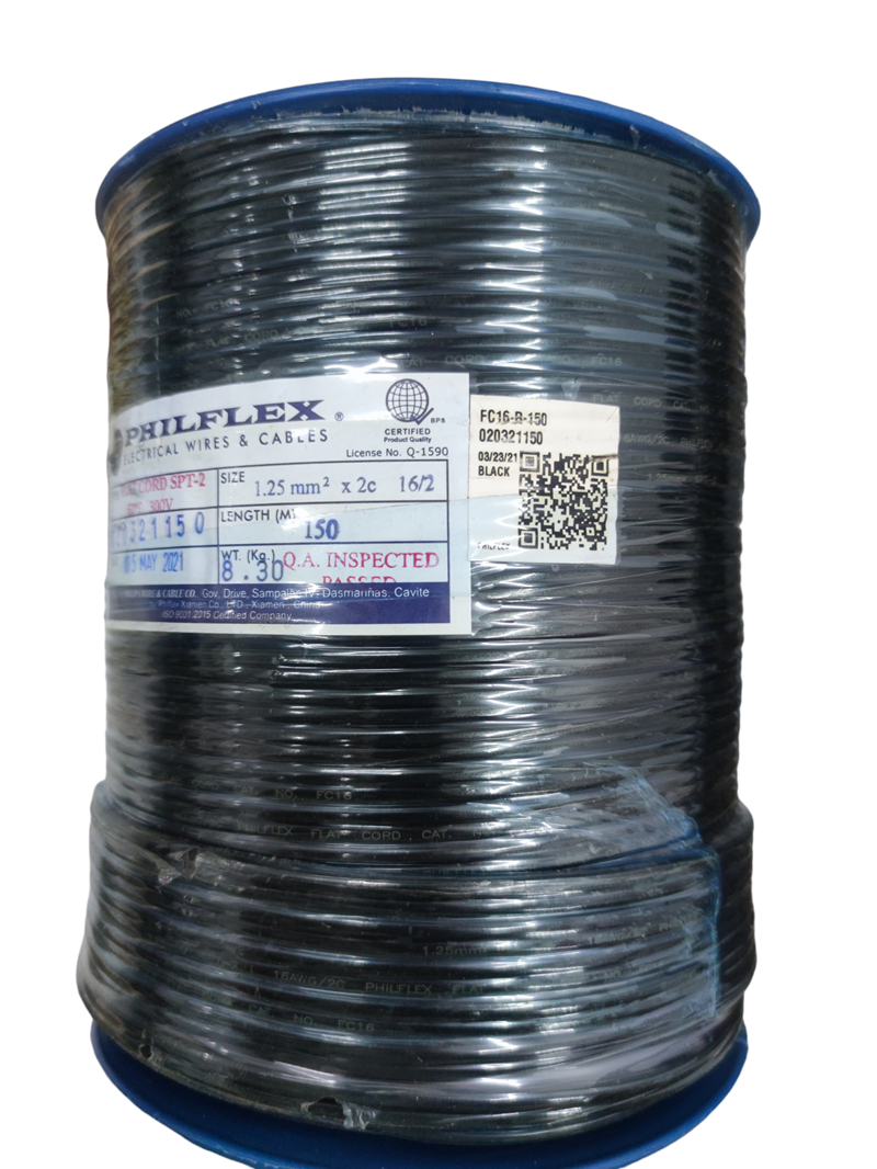 Philflex spool of black Flat Cord AWG 16 2 Core on reel insulated twin conductor cable for appliances