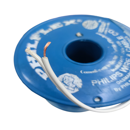 Philflex spool of white Flat Cord AWG 16 2 Core showing two exposed conductors copper and tinned