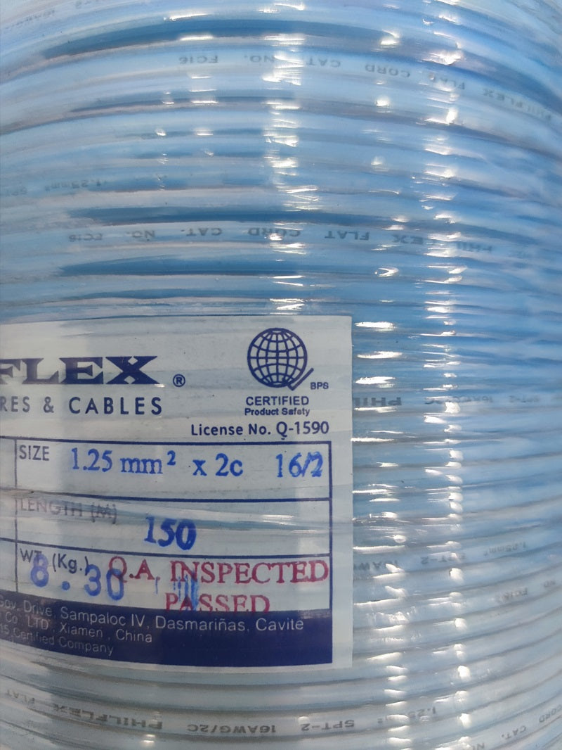 Philflex clear blue spool of Flat Cord AWG 16 2 Core with size label 1.25 mm2 x2c and inspected stamp
