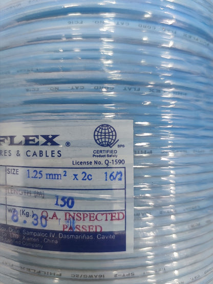 Philflex clear blue spool of Flat Cord AWG 16 2 Core with size label 1.25 mm2 x2c and inspected stamp