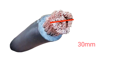 Philflex 30mm welding cable cross section showing thick black sheath and exposed copper strands labeled 30mm