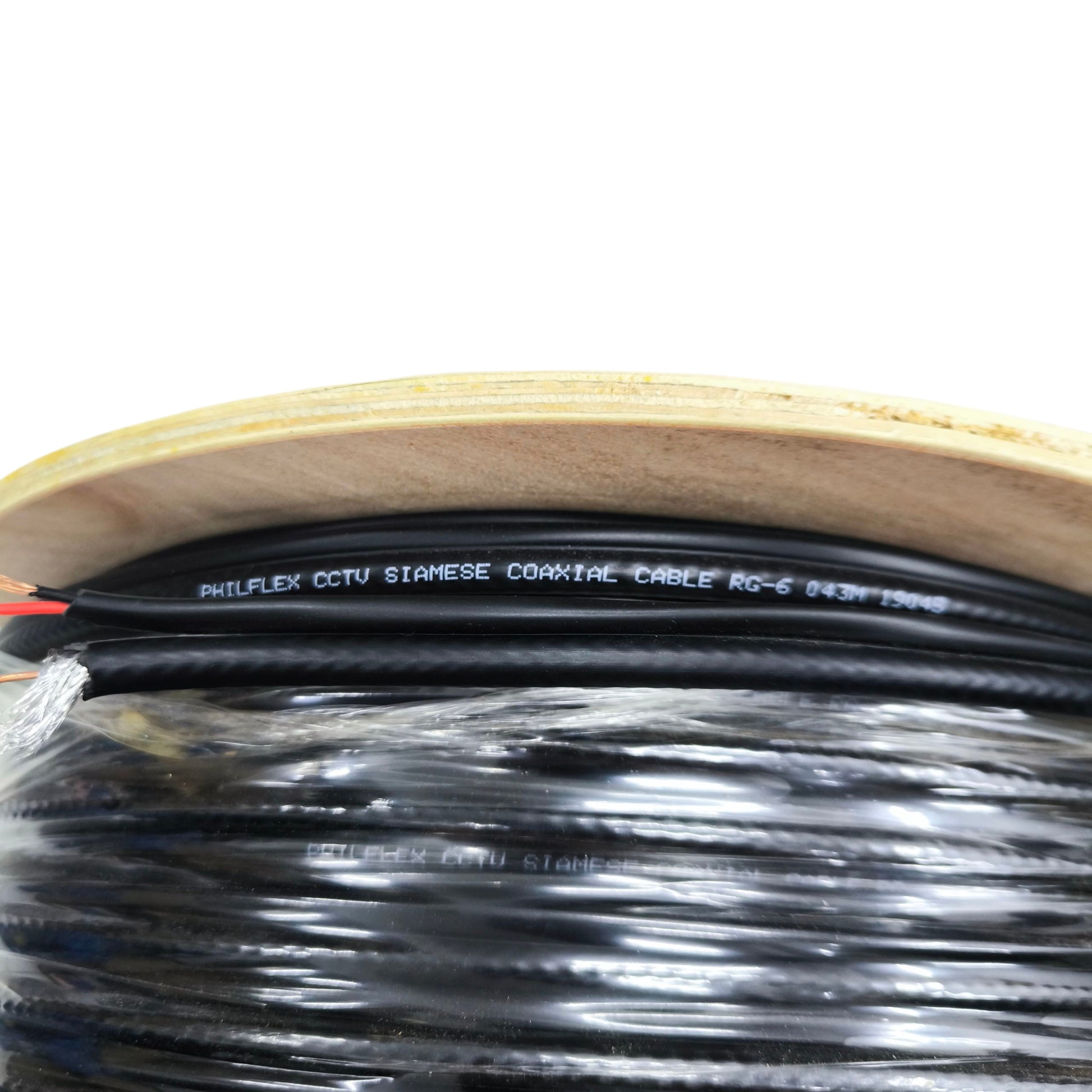 Philflex RG6 Siamese cable for CCTV on a wooden spool, ideal for security camera installations