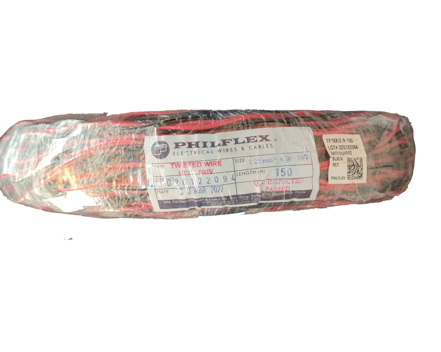 Philflex roll of red and black stranded thermoplastic fixture wire wrapped in plastic with label