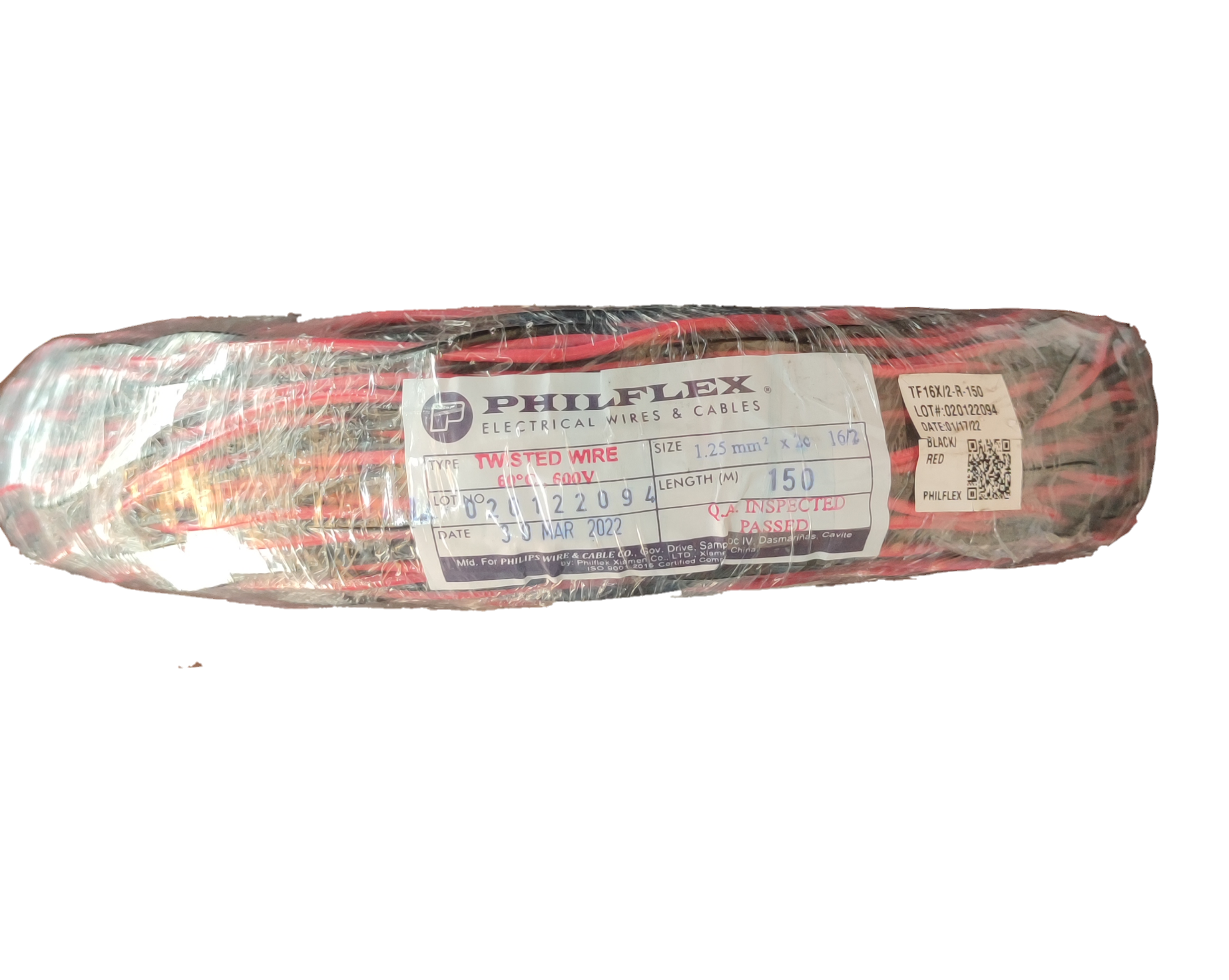 Philflex roll of red and black stranded thermoplastic fixture wire wrapped in plastic with label