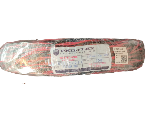 Philflex roll of red and black stranded thermoplastic fixture wire wrapped in plastic with label
