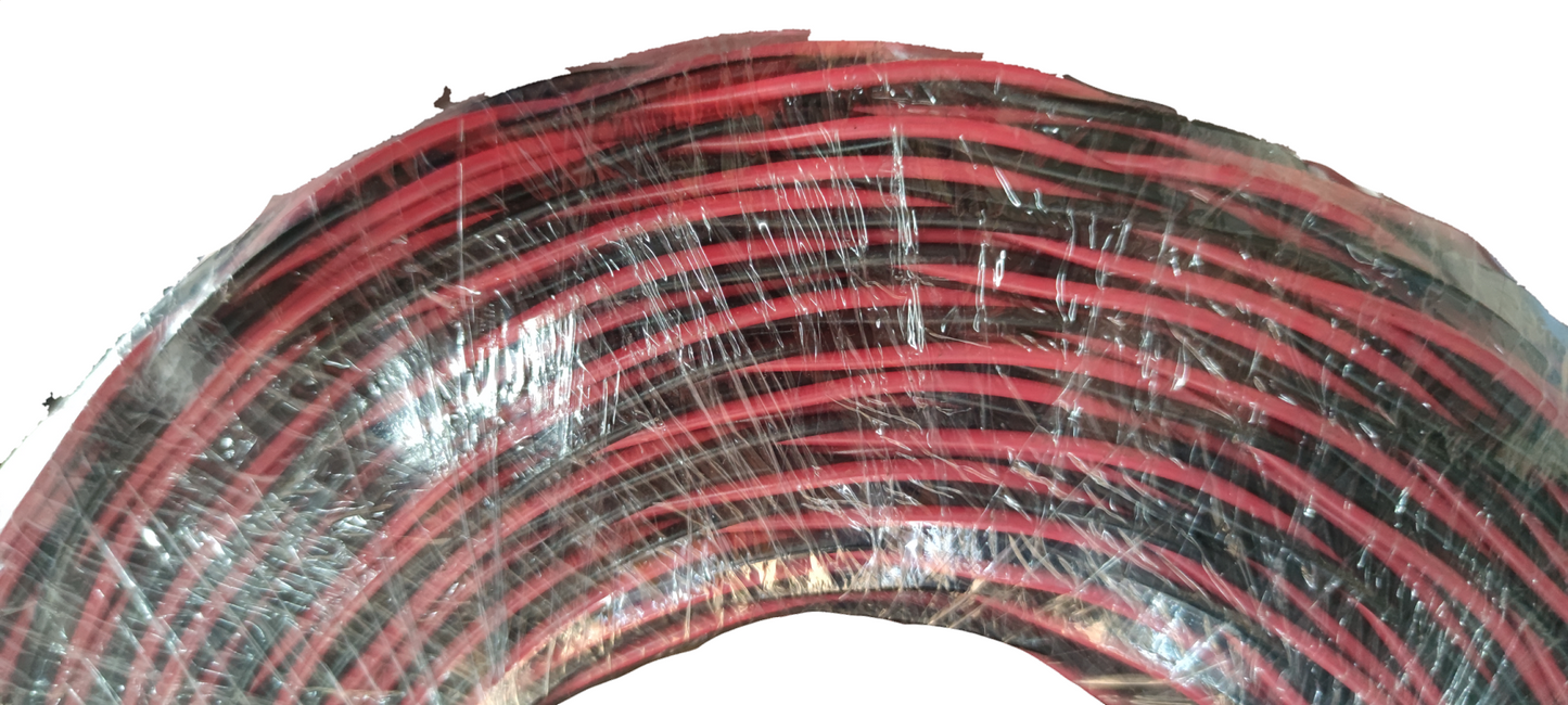 Philflex roll of red and black stranded thermoplastic fixture wire coiled and shrink wrapped for lighting fixtures