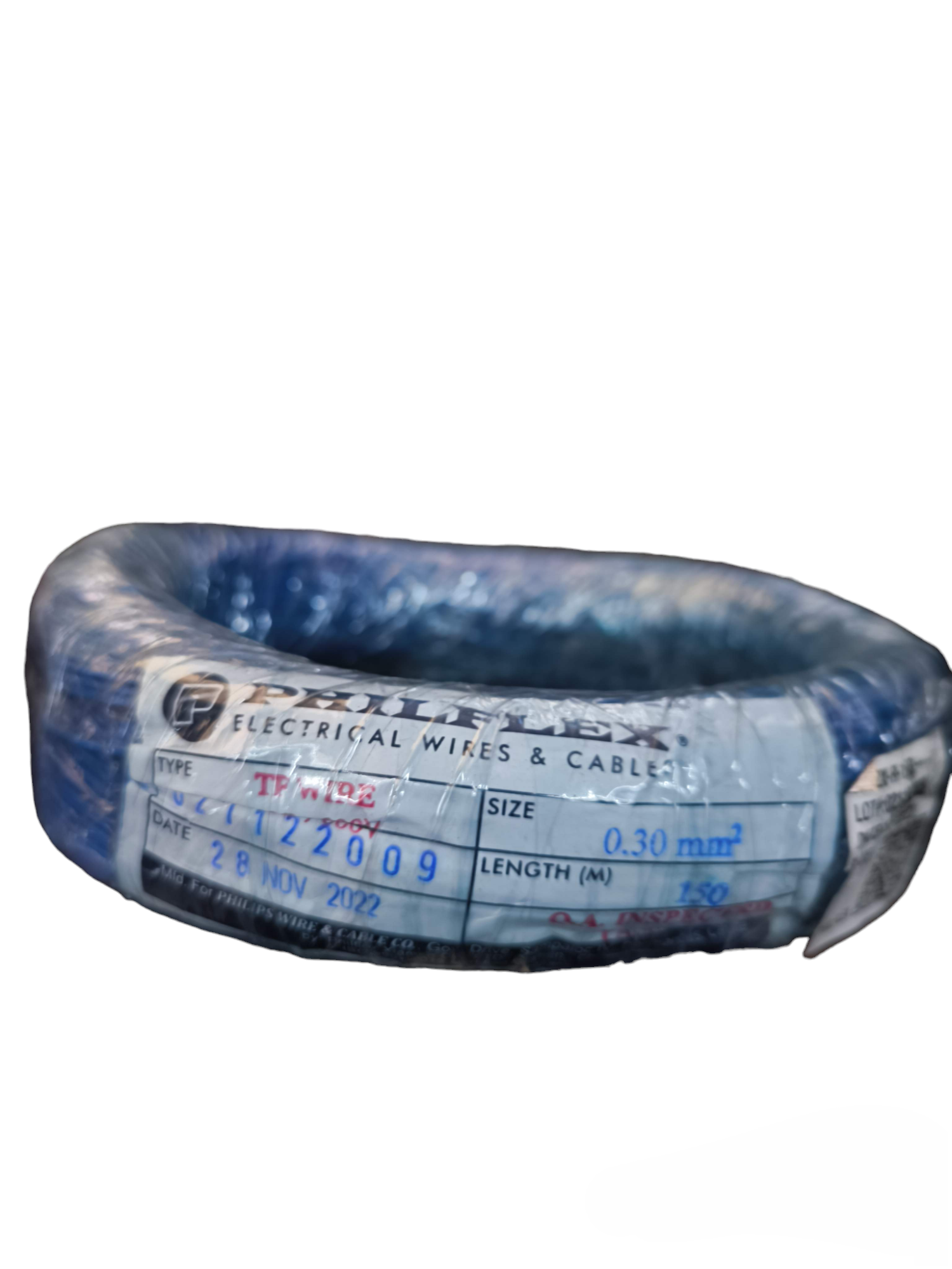 Philflex TF Wire AWG 22 Stranded Hook up Wire blue insulated coil with label showing size and length for electrical use