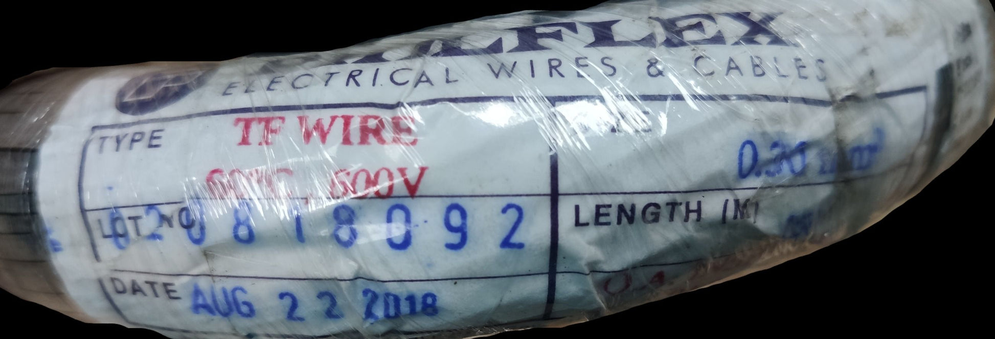 Philflex TF Wire AWG 22 Stranded Hook up Wire roll wrapped with label showing type and date