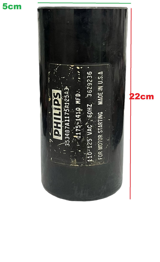 Philips 1175-1410MFD 110V motor start capacitor in a black cylinder shape for electrical applications