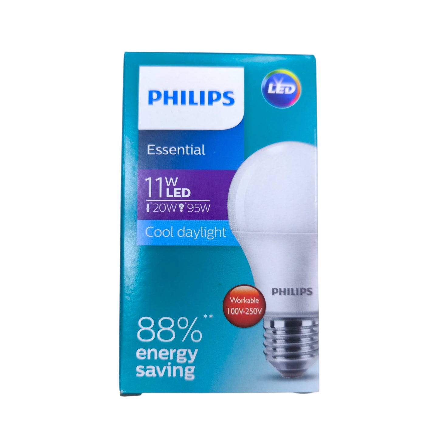 Philips 11W LED bulb E27 daylight in packaging highlighting energy savings and cool daylight feature