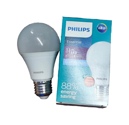 Philips 11W LED bulb E27 daylight in a box showcasing energy-saving features and bright illumination.