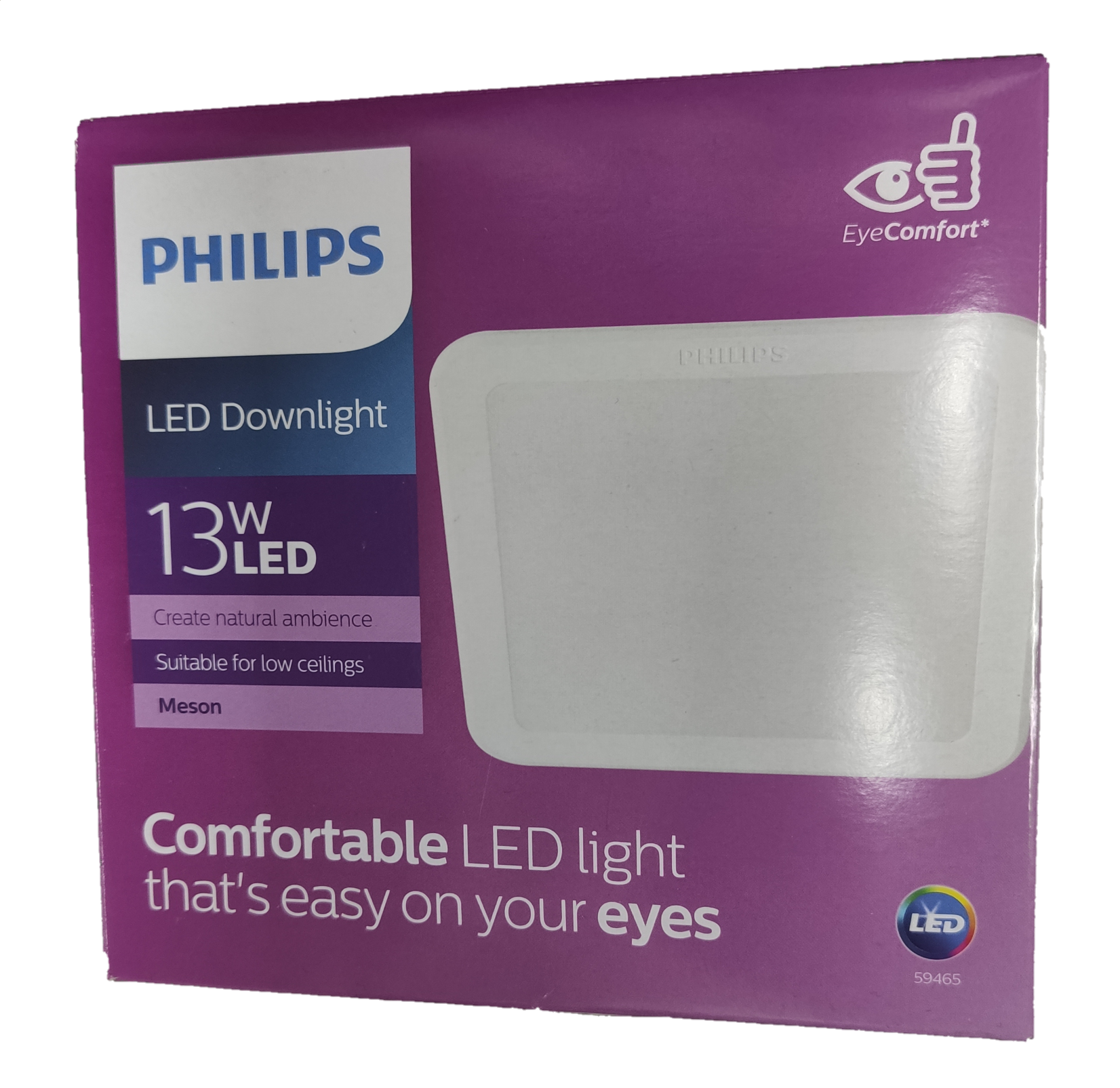 Philips 13W LED downlight 220V 140mm packaging showing comfortable LED light for low ceilings